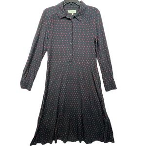 HOBBS Women's Long Sleeve Black/Red Midi Dress 8 US Collar Front Botton Closure